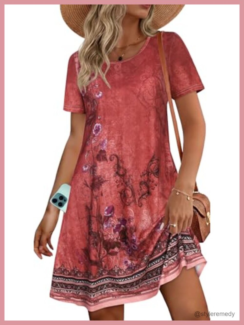 Womens Casual Floral Sundress Short Sleeve Tshirt Dress Knee Length Pockets